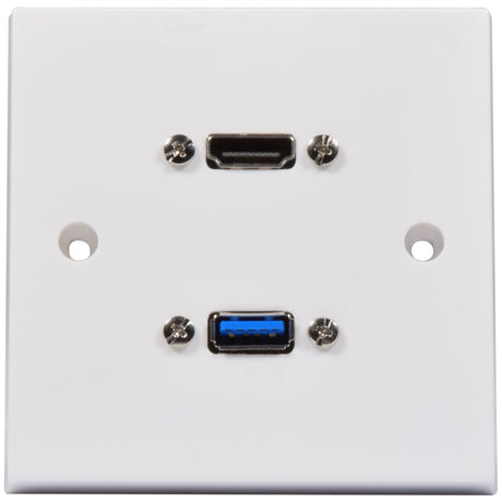 AV:Link 1-gang multimedia wall plate by AVSL with 8K HDMI socket and blue USB 3.0 port on a white faceplate, shown on a plain background.
