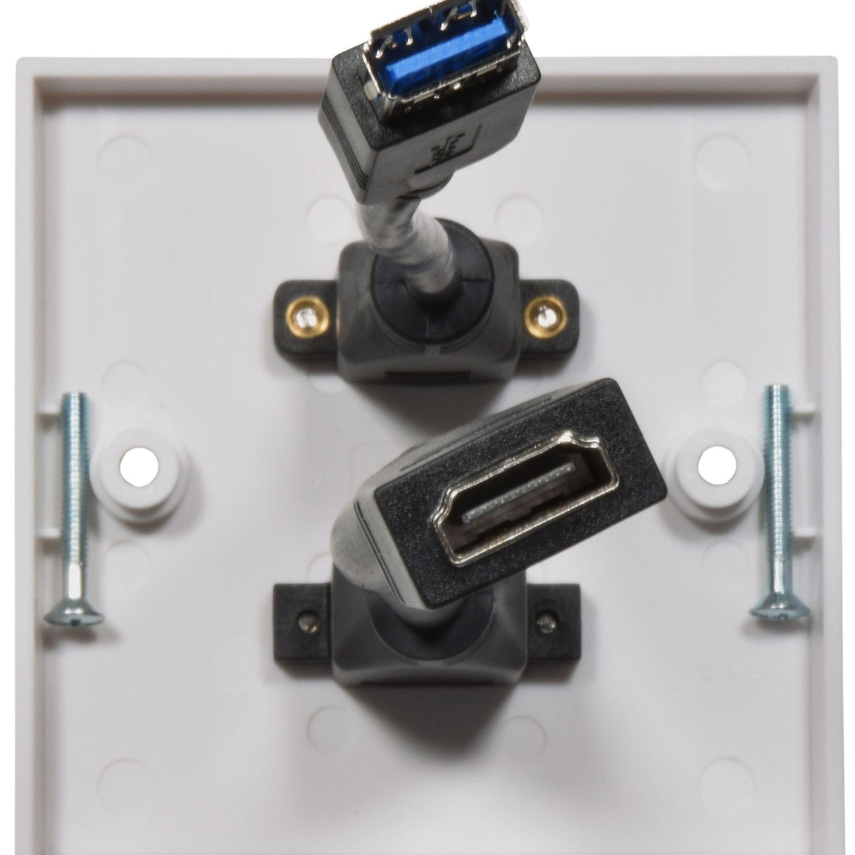 AV:Link 1-gang multimedia wallplate rear view showing 8K HDMI and USB3.0 socket connectors with mounting screws on a white faceplate.