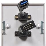 AV:Link 1-gang multimedia wallplate rear view showing 8K HDMI and USB3.0 socket connectors with mounting screws on a white faceplate.