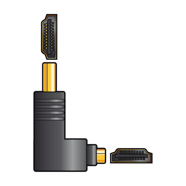 AV:Link right-angle HDMI plug-to-socket adapter in black with gold-plated connectors, shown with separate views of the male plug and female socket ends.