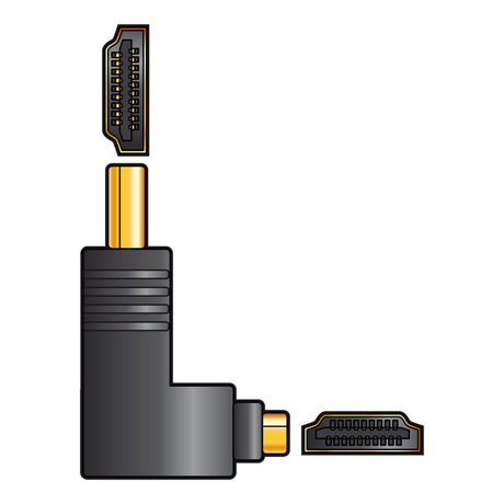 Illustration of the AV:Link Adaptor HDMI RA Plug - HDMI Socket with multiple pins, designed in black and gold. The right-angled HDMI adaptor is shown with two separate plug ends, both highlighting similar gold-plated connections against a white background.