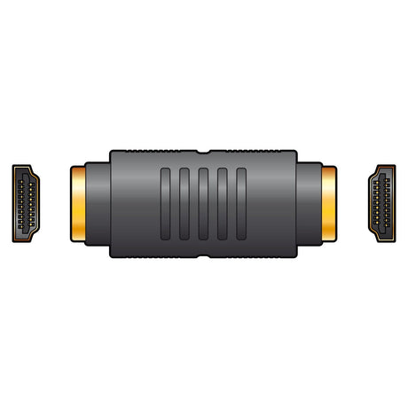 The AV:Link Coupler HDMI Socket - HDMI Socket is depicted with dual ports on each side, featuring gold-plated connections. Its black, textured outer casing includes grip lines for a secure fit. Perfect for 4K digital video, this coupler is shown against a simple white background.