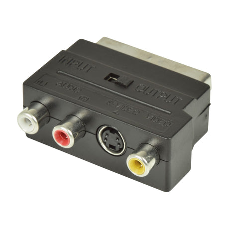 AV:Link Scart to RCA and S-Video switchable adaptor by AVSL with white, red and yellow RCA sockets, 4-pin S-Video port and input/output slide switch.