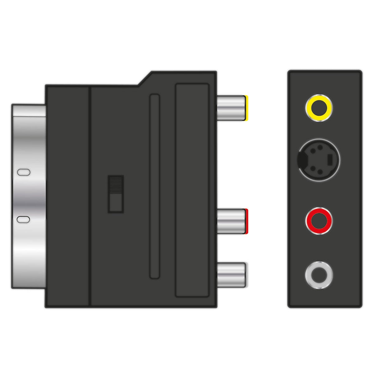 Depiction of the AV:Link SCART to RCA and S-Video Switchable Adaptor featuring three RCA ports in red, white, and yellow, along with a switchable input/output S-video port. The adaptor is illustrated from both front and side views, showcasing its versatile connectors.