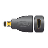 AV:Link HDMI socket to HDMI micro plug adaptor with gold-plated contacts, shown from front and side on a plain white background.