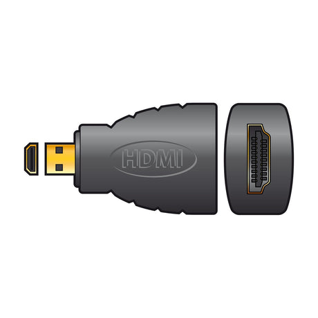 AV:Link HDMI socket to HDMI micro plug adaptor with gold-plated contacts, shown from front and side on a plain white background.