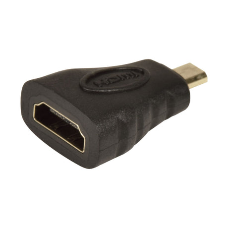 AV:Link HDMI socket to HDMI micro plug adaptor with black moulded body and gold-plated contacts, shown on a plain white background.