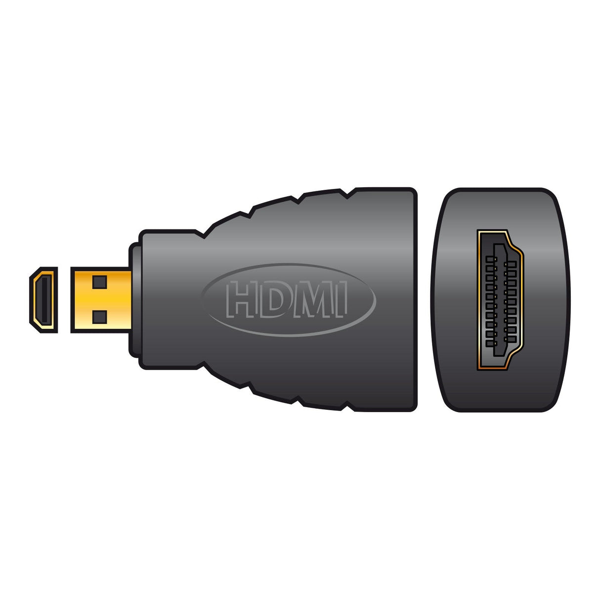 Illustration of a black textured HDMI cable with a gold-plated connector on the left and a wider end labeled HDMI on the right. Featuring a cut-out view displaying internal connection pins, this setup is perfect for connecting to devices like Raspberry Pi using the AV:Link HDMI Socket To HDMI Micro Plug Adaptor.