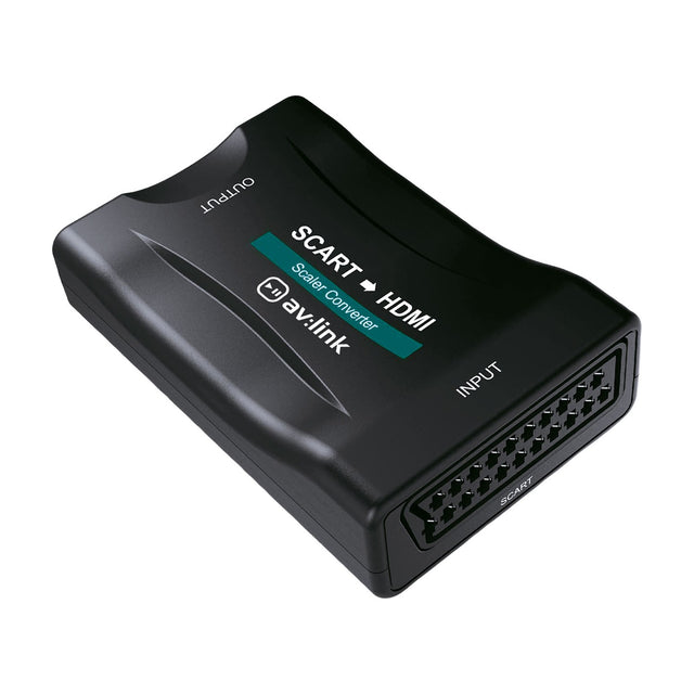 AV:Link Scart to HDMI converter in a compact black casing with SCART input port visible and labelled output side, shown on a plain white background.
