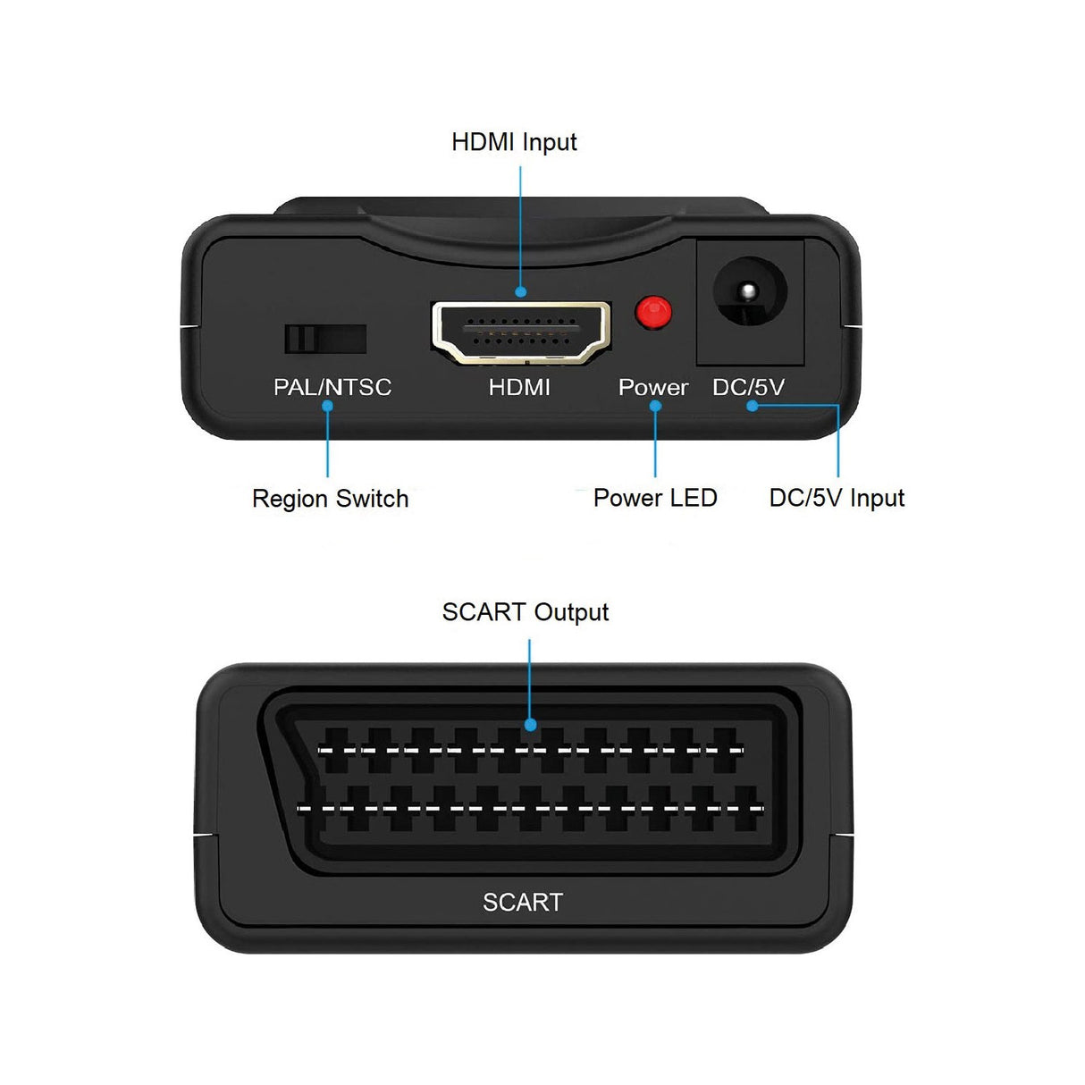 AV:Link HDMI to Scart Converter shown from both sides with labelled HDMI input, PAL/NTSC switch, power LED, DC/5V port and Scart output.