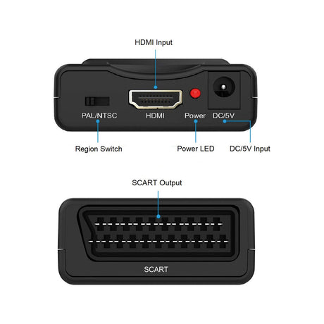 AV:Link HDMI to Scart Converter shown from both sides with labelled HDMI input, PAL/NTSC switch, power LED, DC/5V port and Scart output.