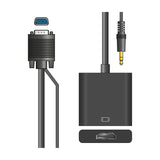 AVSL VGA to HDMI adapter kit with integrated VGA cable, black converter box with HDMI output and 3.5mm audio input, on a white background.