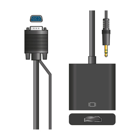 AVSL VGA to HDMI adapter kit with integrated VGA cable, black converter box with HDMI output and 3.5mm audio input, on a white background.