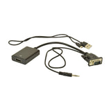 AVSL VGA to HDMI adapter kit with integrated VGA cable, 3.5mm audio jack, micro USB power lead and HDMI female socket on a white background.
