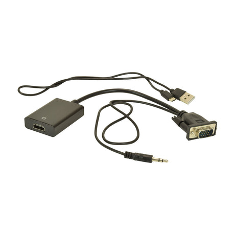 AVSL VGA to HDMI adapter kit with integrated VGA cable, 3.5mm audio jack, micro USB power lead and HDMI female socket on a white background.