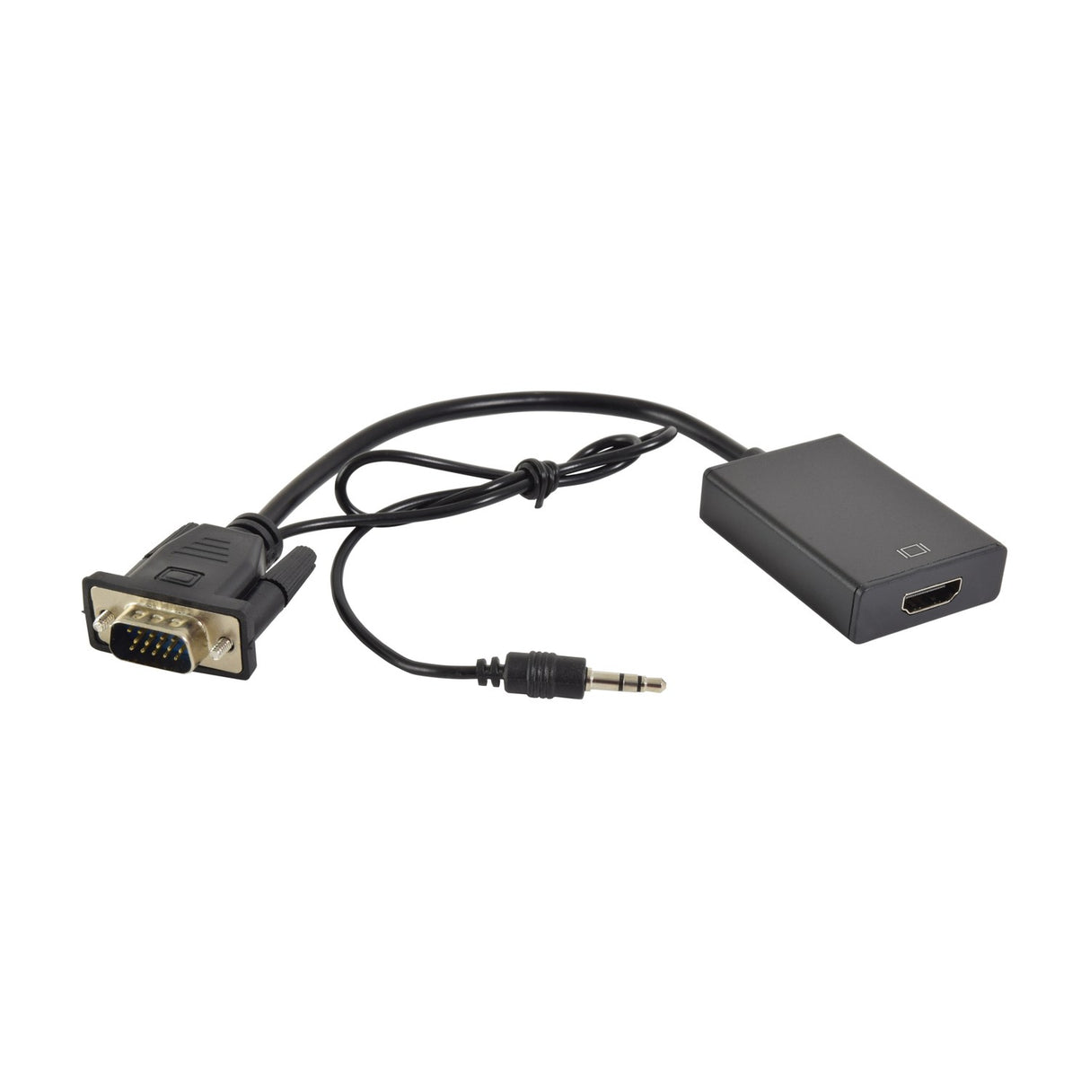 AVSL VGA to HDMI adapter with integrated VGA cable, 3.5mm audio jack and HDMI female socket in a black converter box on a white background.