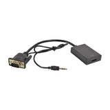 AVSL VGA to HDMI adapter with integrated VGA cable, 3.5mm audio jack and HDMI female socket in a black converter box on a white background.