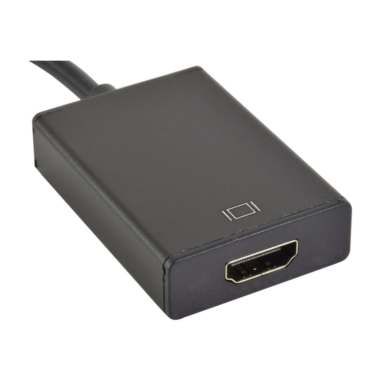 Close-up of the AVSL VGA to HDMI adapter's matte black converter box, showing the HDMI female output socket and display icon on the casing.