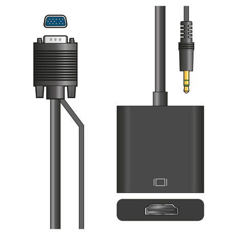 Illustration of the AV:Link Adaptor Lead Kit, showcasing a black cable with a VGA port plug on one end, an HDMI socket for Full HD 1080p compatibility on the other, and an attached 3.5mm audio jack for smooth analogue to high-definition audio integration.