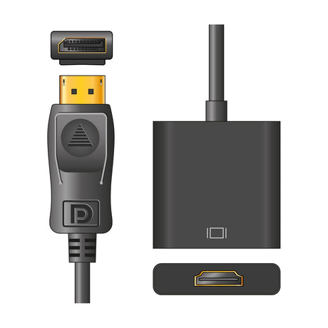 AV:Link DisplayPort to HDMI 4K UHD adapter cable showing gold-plated DisplayPort male plug and black HDMI female socket housing on a white background.