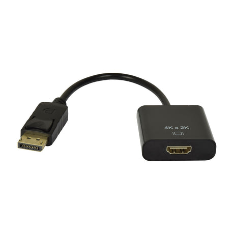 AV:Link DisplayPort to HDMI 4K UHD adapter cable with male DisplayPort plug and female HDMI socket in black housings on a white background.