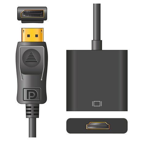 This illustration showcases the AV:Link Adaptor Lead Display Port Plug - HDMI Socket 0.2m, an excellent choice for transmitting digital audio and video. On the left, you can see the distinctive asymmetric shape of the DisplayPort connector, while on the right is the smaller, flat HDMI socket, perfect for 4K UHD displays.