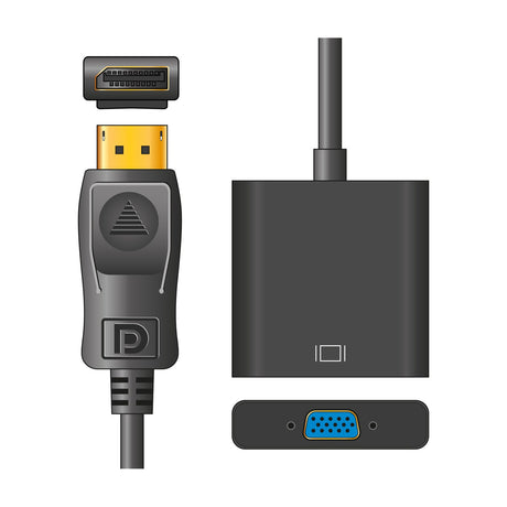 AV:Link DisplayPort to VGA adapter cable with gold-plated DisplayPort plug and black VGA socket housing, shown on a plain white background.