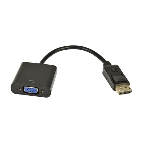 AV:Link DisplayPort to VGA adapter cable in black with a gold-pin DisplayPort plug and blue VGA socket, shown on a white background.