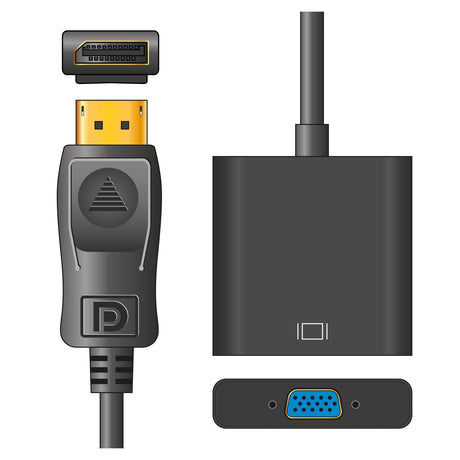 Here is an illustration of the AV:Link Adaptor Lead featuring a DisplayPort plug on the left with a gold-plated tip and a VGA socket on the right, distinguished by its blue interior, perfect for analog displays. The two ends are seamlessly connected by a black cable.