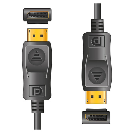 Illustration of the AV:Link 4K Displayport Lead - 1.8m, highlighting its sleek black casing and gold-plated connectors, along with the DisplayPort logo prominently displayed. One cable is shown horizontally and the other vertically, both meticulously designed for exceptional 4K Ultra HD performance.