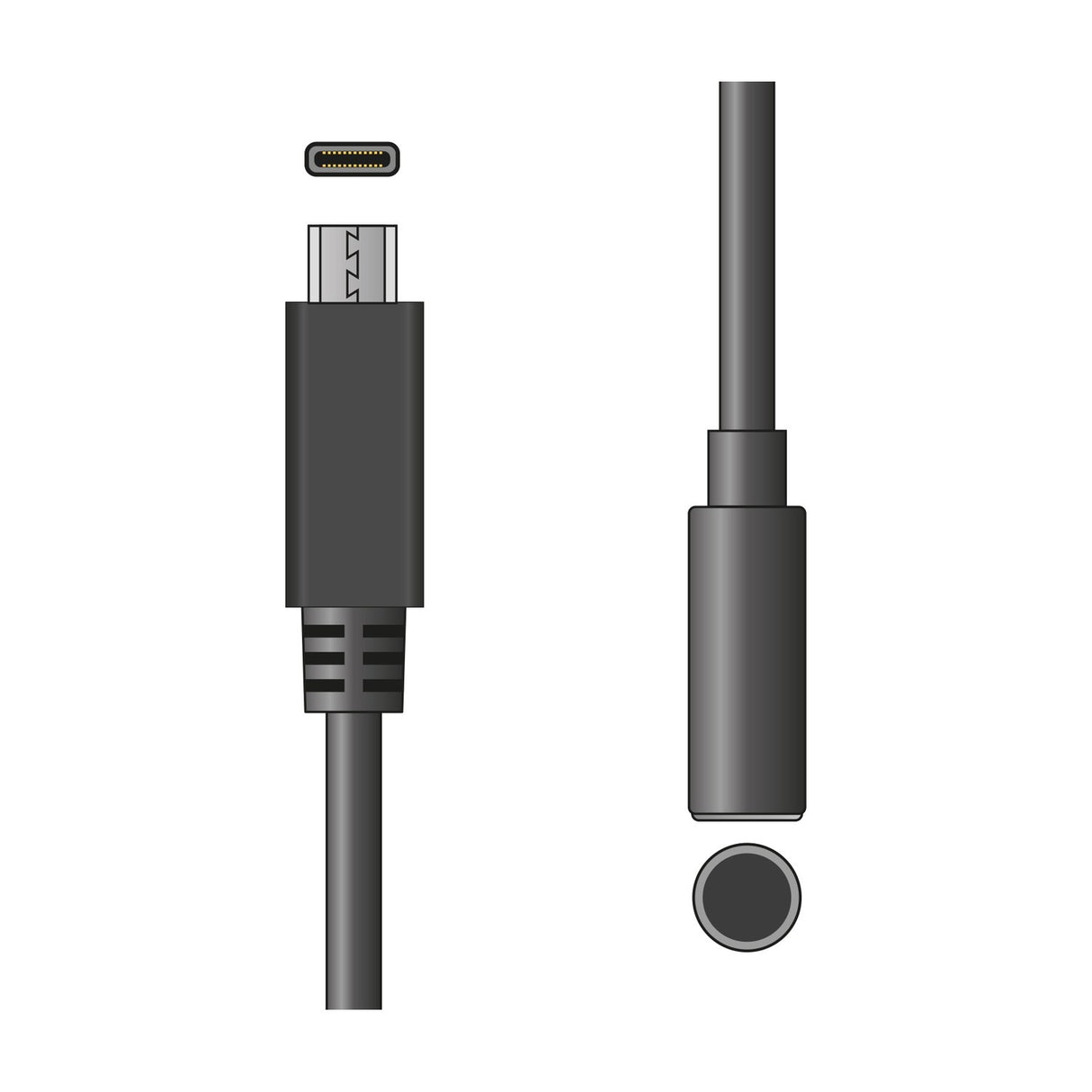 AV:Link USB-C to 3.5mm headphone jack adapter with built-in DAC, showing the USB-C plug and 3.5mm socket ends on a white background.