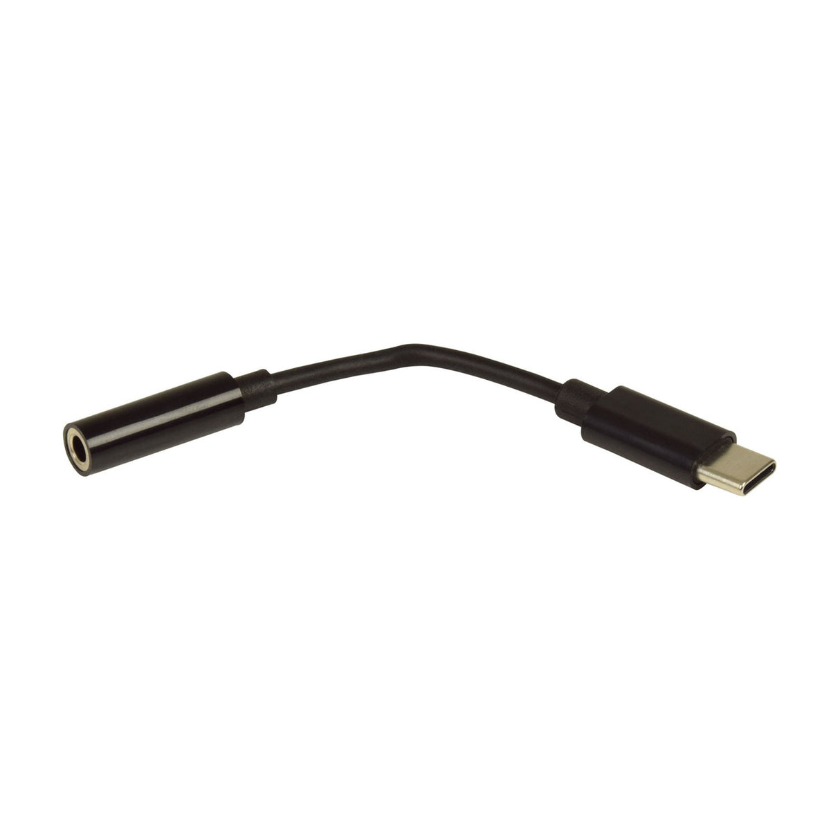AV:Link USB-C to 3.5mm headphone jack adapter with built-in DAC, shown in black with short cable between connectors on a plain white background.