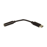 AV:Link USB-C to 3.5mm headphone jack adapter with built-in DAC, shown in black with short cable between connectors on a plain white background.