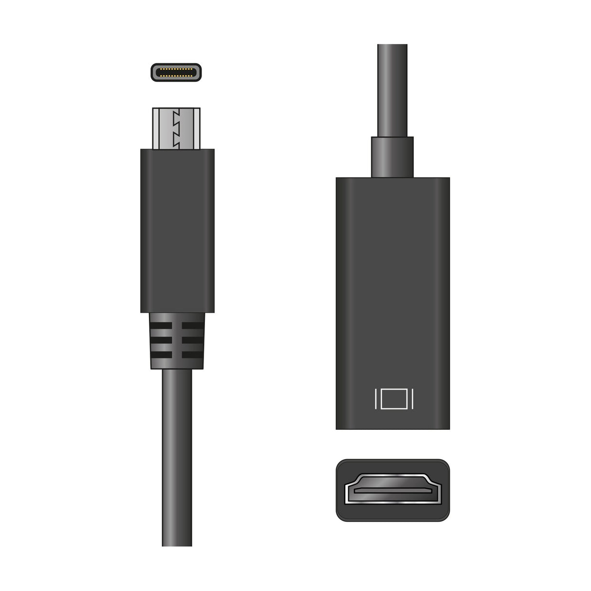 USB-C to HDMI adaptor lead in black, showing USB-C connector, moulded cable, and adaptor with HDMI port, on a plain white background.