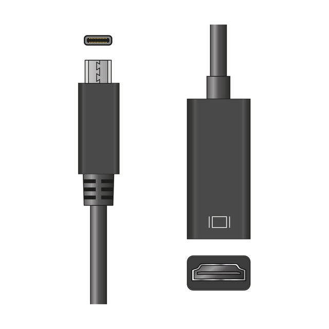 USB-C to HDMI adaptor lead in black, showing USB-C connector, moulded cable, and adaptor with HDMI port, on a plain white background.