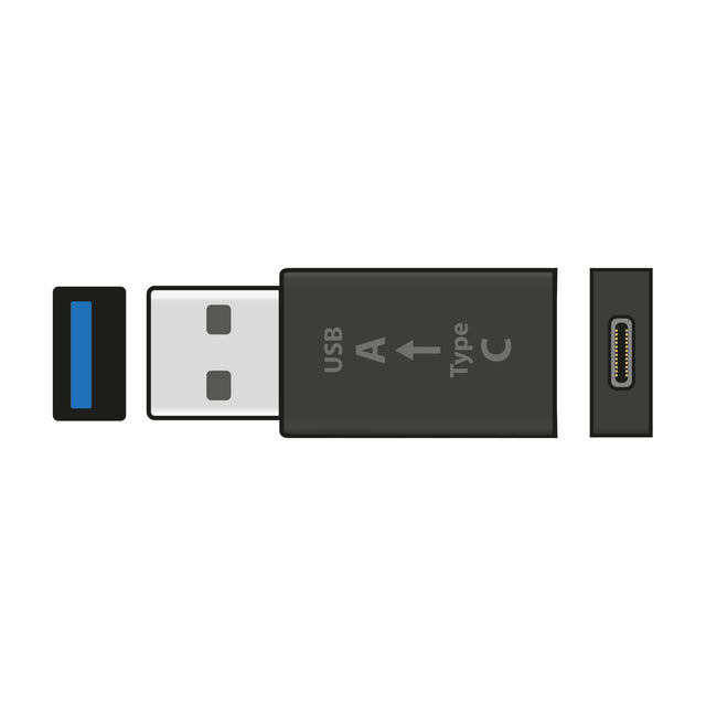 AV:Link USB 3.0 Type-C socket to Type-A OTG plug adaptor in black plastic, shown with connector ends exposed on a plain white background.