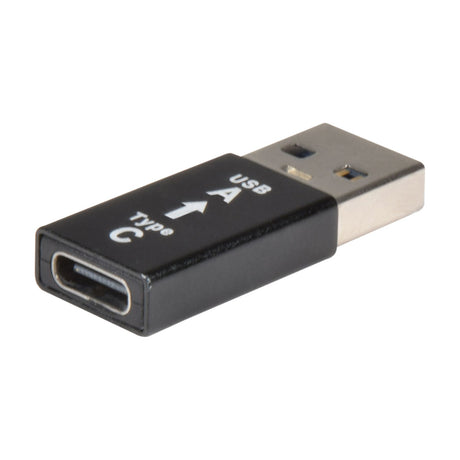 AV:Link USB 3.0 Type-C socket to Type-A OTG plug adaptor in compact black plastic housing with printed labels, shown on a white background.