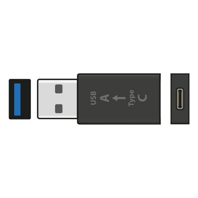 A depiction of the AV:Link USB 3.0 Type-C Socket To Type-A OTG Plug Adaptor. The image features a removable Type-A connector on the left with a blue interior, emphasizing its 5Gbps fast data transfer capability, and at the center, an adaptor marked as USB A and Type C, complete with a port on the right.
