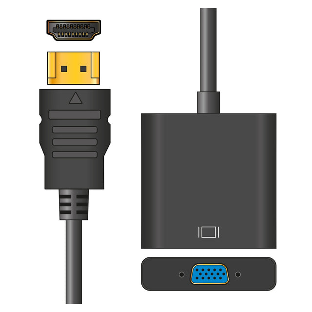 Illustration of the AV:Link Adaptor Lead HDMI Plug To VGA Socket. The image displays an HDMI plug on the left and a VGA socket on the right, linked by a black cable. This video signal converter is characterized by its unique yellow trapezoidal HDMI end and VGA socket with blue pinholes.