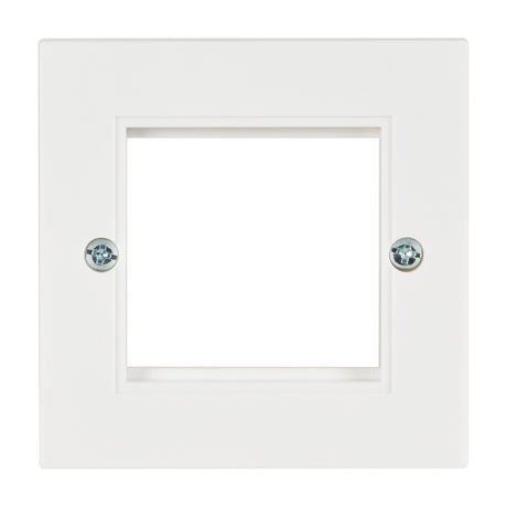 AV:Link single gang wall plate frame in white with square two-module cut-out and two fitting screws, shown on a plain background.