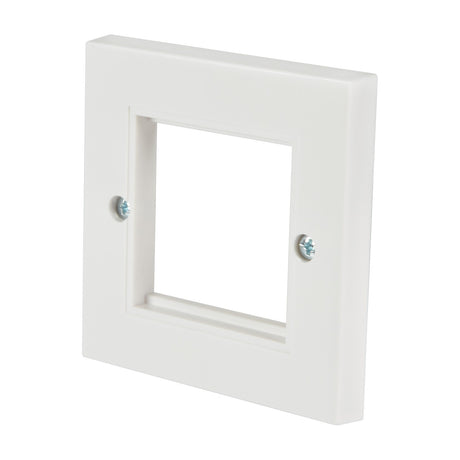 AV:Link single gang white wall plate frame for two modules with square central cut-out and two visible fixing screws, shown on a plain white background.