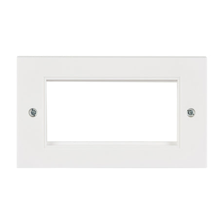 AV:Link double gang wall plate frame in white for four modules, with central rectangular cut-out and fitting screws, shown on a plain background.