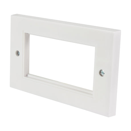 AV:Link double gang wall plate frame in white with rectangular four-module cut-out and two mounting screws, shown at an angle on a plain background.