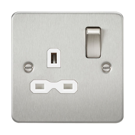 The 13A 1 Gang DP Switched Socket in brushed chrome, with a white insert and flat plate design, features a single UK-style switched socket. It is secured with two mounting screws on each side and includes an easy-access switch positioned above the socket for added convenience.