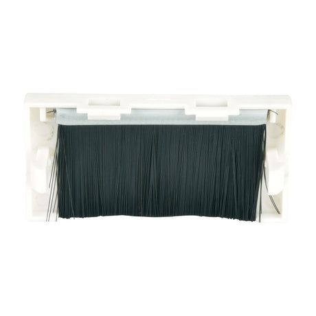 AV:Link brush filled aperture wall plate module in white with dense black bristles covering the cable opening, shown on a plain background.