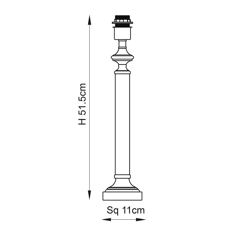 Endon Aldmont technical drawing showing the table lamp base with E27 lampholder, turned column, and square foot, labelled H 51.5cm and Sq 11cm.