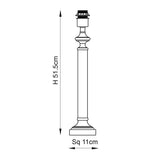 Endon Aldmont technical drawing showing the table lamp base with E27 lampholder, turned column, and square foot, labelled H 51.5cm and Sq 11cm.