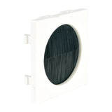 AV:Link 50x50mm wall plate module with a circular black brush aperture in a square white plastic housing with side clips, on a white background.