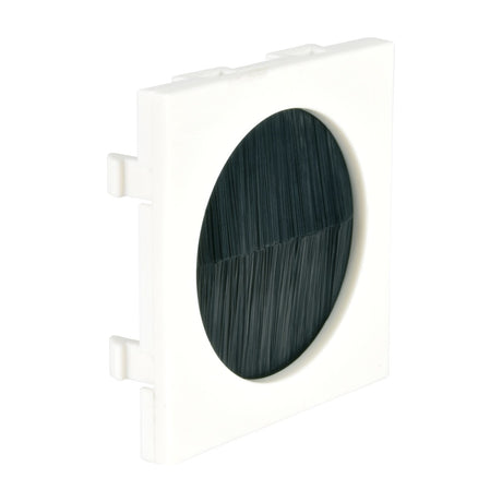 AV:Link 50x50mm wall plate module with a circular black brush aperture in a square white plastic housing with side clips, on a white background.