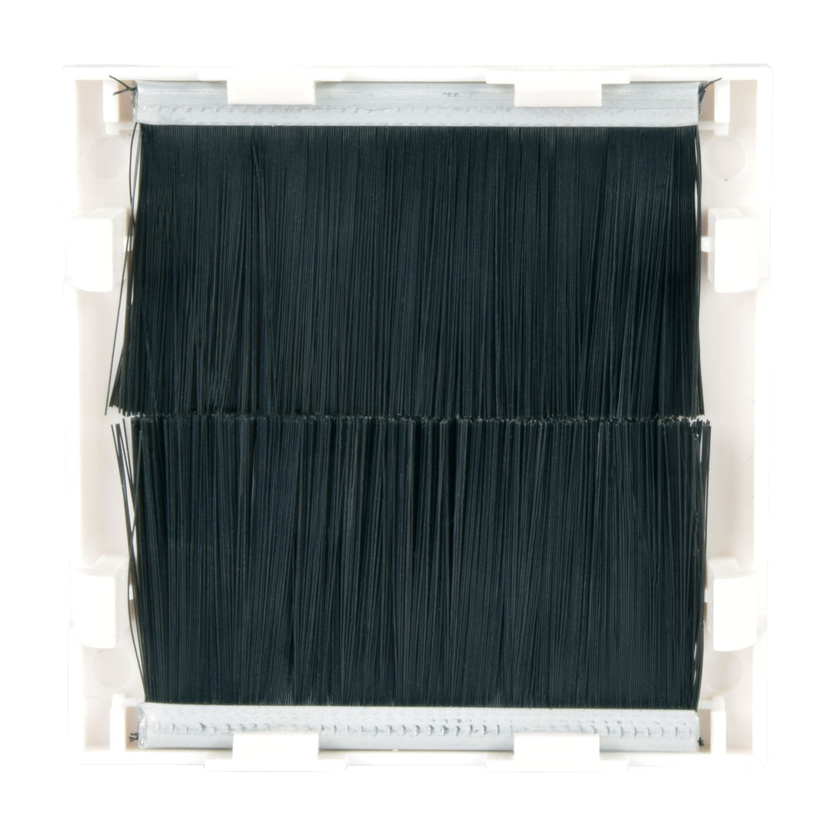 AV:Link 50x50mm wall plate module by AVSL with black brush filled aperture set in a white snap-in plastic frame, shown on a plain background.